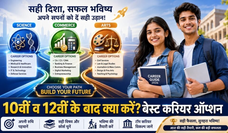 # **SEO Title:** 🎓 10th & 12th Ke Baad Kya Kare 2026: Arts, Science और Commerce के Best Career Options व Courses **Permalink / Slug:** `10th-12th-ke-baad-kya-kare-best-career-options-arts-science-commerce` **Meta Description:** *10th & 12th Ke Baad Kya Kare 2026: 10वीं और 12वीं के बाद सही स्ट्रीम और करियर ऑप्शन कैसे चुनें? जानिए Science, Commerce और Arts के बेस्ट कोर्स, एंट्रेंस एग्जाम और एडमिशन प्रोसेस की पूरी जानकारी।* --- **10th & 12th Ke Baad Kya Kare 2026:** 10वीं या 12वीं की परीक्षा पास करने के बाद हर छात्र और अभिभावक के मन में सबसे बड़ा सवाल यही होता है कि **"आगे क्या करें?"** गलत कोर्स या देखा-देखी में चुनी गई स्ट्रीम भविष्य में करियर की दिशा बिगाड़ सकती है। सही करियर का चुनाव केवल स्ट्रीम पर नहीं, बल्कि आपकी व्यक्तिगत रुचि (Interest), क्षमता (Skills) और भविष्य के लक्ष्यों पर निर्भर करता है। 10वीं के बाद सही **Stream (Arts, Science, Commerce)** चुनना और 12वीं के बाद सही **Graduation, Professional या Diploma Course** चुनना आपके उज्ज्वल भविष्य की पहली सीढ़ी है। --- ## **📋 Stream Wise Career Options: एक नज़र में** | Stream | 10th के बाद मुख्य विषय | 12th के बाद पॉपुलर कोर्स (Popular Courses) | | --- | --- | --- | | **Science (PCM/PCB)** | Physics, Chemistry, Maths/Biology | B.Tech, MBBS, BCA, B.Sc, Nursing, Pharmacy | | **Commerce** | Accounts, Economics, Business Studies | B.Com, BBA, CA, CS, CMA, Finance & Banking | | **Arts / Humanities** | History, Pol Science, Geography, Sociology | BA, LLB (Law), Journalism, BHM, Fashion Design | --- ## **🔬 1. Science Stream: 12वीं के बाद बेस्ट करियर ऑप्शंस** यदि आपकी रुचि गणित, विज्ञान, तकनीक या रिसर्च में है, तो 12वीं साइंस के बाद आपके पास दो मुख्य वर्ग होते हैं: ### **A. PCM (Physics, Chemistry, Maths):** * **Engineering (B.Tech/B.E.):** Computer Science, AI, Mechanical, Civil आदि। * **Computer Applications:** BCA, B.Sc Computer Science, Data Science. * **Architecture & Defense:** B.Arch, NDA (National Defence Academy) के जरिए थल/जल/वायु सेना में अधिकारी। ### **B. PCB (Physics, Chemistry, Biology):** * **Medical Science:** MBBS, BDS, BAMS, BHMS (NEET परीक्षा के माध्यम से)। * **Allied Health & Nursing:** B.Sc Nursing, Paramedical Courses, Physiotherapy (BPT)। * **Pharmacy & Research:** B.Pharm, D.Pharm, Biotechnology, Microbiology। --- ## **💼 2. Commerce Stream: 12वीं के बाद बेस्ट करियर ऑप्शंस** कॉमर्स सिर्फ अकाउंटिंग तक सीमित नहीं है। बिजनेस, फाइनेंस और कॉर्पोरेट सेक्टर में इसके बेहतरीन मौके हैं: * **Professional Certifications:** CA (Chartered Accountant), CS (Company Secretary), CMA (Cost & Management Accountant)। * **Management & Business:** BBA (Bachelor of Business Administration), BMS, Integrated MBA। * **Banking & Finance:** B.Com (Hons), B.Sc Finance, Investment Banking, Stock Market Analysis। * **Digital Trends:** E-Commerce Management, Digital Marketing, Data Analytics। --- ## **🎨 3. Arts / Humanities Stream: 12वीं के बाद बेस्ट करियर ऑप्शंस** आज के समय में आर्ट्स स्ट्रीम में भी हाई-पेइंग और प्रतिष्ठित करियर विकल्प मौजूद हैं: * **Law (कानून):** 12वीं के बाद 5 वर्षीय BA LLB / BBA LLB (CLAT परीक्षा द्वारा)। * **Civil Services & Govt Exams:** BA के साथ UPSC (IAS/IPS), SSC CGL, State PCS की तैयारी। * **Media & Communication:** Journalism, Mass Communication, Content Writing, Public Relations (PR)। * **Creative & Skill Fields:** Graphic Design, UI/UX Design, Fashion Designing, Hotel Management (BHM), Fine Arts। --- ## **🧭 12वीं के बाद सही Course कैसे चुनें? (Step-by-Step)** 1. **स्व-मूल्यांकन (Self Assessment):** यह पहचानें कि आपको कौन-से सब्जेक्ट्स पढ़ना पसंद हैं और आपकी नेचुरल स्किल्स (Maths, Writing, Public Speaking, Creativity) किसमें हैं। 2. **स्कोप और एलिजिबिलिटी जांचें:** अपने पसंदीदा करियर के लिए एंट्रेंस एग्जाम (जैसे CUET, JEE, NEET, CLAT) और न्यूनतम अंकों की शर्त देखें। 3. **कॉलेज व फीस की जानकारी ले:** कोर्स की फीस, कॉलेज रैंकिंग, प्लेसमेंट रिकॉर्ड और स्कॉलरशिप के विकल्पों का विश्लेषण करें। 4. **काउंसलिंग लें:** भ्रम की स्थिति में किसी अनुभवी टीचर या प्रोफेशनल करियर काउंसलर से मार्गदर्शन लें। > **👉 यह भी पढ़ें:** [CCC Certificate Course 2026: NIELIT CCC रजिस्ट्रेशन से लेकर परीक्षा तक पूरी जानकारी](https://www.google.com/search?q=https://rpkhabar.com/ccc-certificate-course-online-apply-registration-exam-process) --- ## **📂 Admission के लिए आवश्यक दस्तावेज (Required Documents)** किसी भी कॉलेज या यूनिवर्सिटी में एडमिशन के समय निम्नलिखित डॉक्यूमेंट्स तैयार रखें: * 10वीं और 12वीं की ओरिजिनल मार्कशीट व सर्टिफिकेट * आधार कार्ड या अन्य फोटो पहचान पत्र * ट्रांसफर सर्टिफिकेट (TC) व माइग्रेशन सर्टिफिकेट * पासपोर्ट साइज फोटो * जाति व आय प्रमाण पत्र (यदि आरक्षण का लाभ चाहिए) * संबंधित एंट्रेंस एग्जाम का एडमिट कार्ड व स्कोरकार्ड --- ## **❓ अक्सर पूछे जाने वाले सवाल (FAQs)** **Q1. 12वीं में कम मार्क्स आने पर क्या अच्छे करियर विकल्प मिलते हैं?** **उत्तर:** जी बिल्कुल, आज कई स्किल-बेस्ड कोर्स (जैसे BCA, Graphic Design, Digital Marketing, Hotel Management) हैं जहाँ 12वीं के मार्क्स से ज़्यादा आपकी प्रैक्टिकल स्किल्स मायने रखती हैं। **Q2. क्या 10वीं के बाद सीधे डिप्लोमा कोर्स किया जा सकता है?** **उत्तर:** हाँ, 10वीं के बाद पॉलिटेक्निक डिप्लोमा (Engineering Diploma) या ITI कोर्स करके आप कम समय में जॉब-रेडी बन सकते हैं। --- ## **🔥 निष्कर्ष** साइंस, कॉमर्स और आर्ट्स—तीनों ही स्ट्रीम में अपार संभावनाएं हैं। किसी भी रिश्तेदार या दोस्त के दबाव में आकर निर्णय न लें। अपनी रुचि, योग्यता और भविष्य के गोल को ध्यान में रखकर सही कोर्स का चयन करें। --- ### **💡 SEO & WordPress Checklist:** * **Focus Keyword:** `10th 12th Ke Baad Kya Kare` * **Primary Category:** `Education` / `Services` * **Secondary Category:** `Career Guide` / `Latest News` * **Tags:** `10th ke baad kya kare`, `12th ke baad best career options`, `Arts Science Commerce Courses`, `Career Guidance 2026`, `CUET 2026` * **Featured Image File Name:** `10th-12th-ke-baad-kya-kare-career-options-1200x675.jpg` * **Alt Text:** `10th and 12th Ke Baad Best Career Options Arts Science Commerce 1200x675` * **Internal Link:** लेख के अंदर जहाँ "Services" या "एजुकेशन" लिखा है, वहाँ अपनी वेबसाइट के **[Services Section](https://rpkhabar.com)** का लिंक दर्ज करें। --- ### **🎨 AI Image Prompt (1200 × 675 Pixels / 16:9 Aspect Ratio):** > **`A high-resolution 16:9 landscape aspect ratio (1200x675 pixels) cinematic editorial news banner for 10th and 12th Career Guidance 2026. On the left side, stylized 3D digital icons representing Science (Atom/DNA), Commerce (Chart/Calculator), and Arts (Paint palette/Law scales) connected to a glowing directional roadmap. On the right side, two ambitious Indian students (male and female) standing confidently holding books and a tablet. Modern vibrant blue, gold, and clean white background layout, studio lighting, vector-editorial hybrid style, bold Hindi text saying "10वीं व 12वीं के बाद क्या करें? बेस्ट करियर ऑप्शन" at the bottom, high resolution, --ar 16:9.`** --- ### **📁 Image Filename & Alt Text:** * **Filename:** `10th-12th-ke-baad-kya-kare-career-options-1200x675.jpg` * **Alt Text:** `10th and 12th Ke Baad Best Career Options Arts Science Commerce 1200x675`