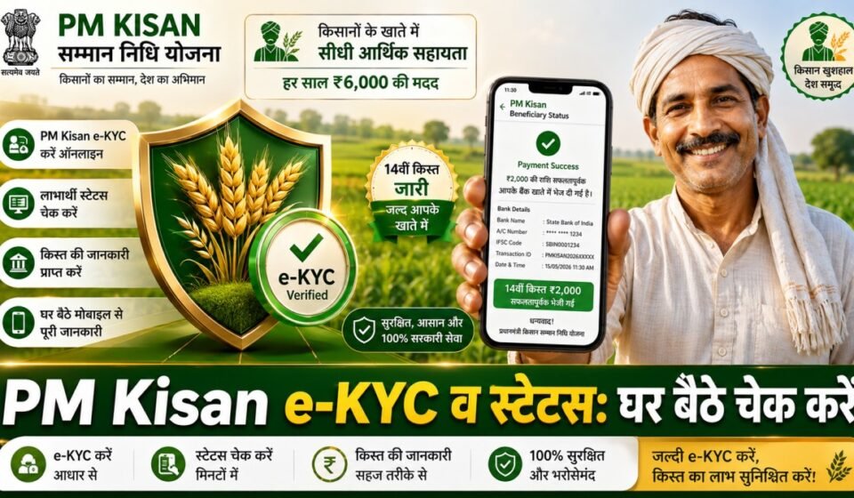 # **SEO Title:** 🌾 PM Kisan E-KYC 2026: घर बैठे मोबाइल से करें e-KYC और Beneficiary Status चेक, जानें पूरी प्रक्रिया **Permalink / Slug:** `pm-kisan-ekyc-2026-online-check-and-beneficiary-status` **Meta Description:** *PM Kisan E-KYC 2026: पीएम किसान सम्मान निधि योजना की अगली किस्त के लिए घर बैठे e-KYC कैसे करें और Beneficiary Status कैसे चेक करें? जानिए आधार OTP और CSC सेंटर से आवेदन का पूरा तरीका।* --- **PM Kisan E-KYC & Beneficiary Status 2026:** केंद्र सरकार द्वारा संचालित **प्रधानमंत्री किसान सम्मान निधि (PM-Kisan) योजना** के तहत देश के पात्र किसान परिवारों को प्रतिवर्ष **₹6,000 की आर्थिक सहायता** प्रदान की जाती है। यह राशि ₹2,000-₹2,000 की तीन समान किस्तों में सीधे किसानों के बैंक खातों (DBT) में भेजी जाती है। यदि आपकी पीएम किसान की किस्त अटक गई है या आप अगली किस्त का इंतज़ार कर रहे हैं, तो सबसे पहले अपनी **e-KYC प्रक्रिया** पूरी करें और अपना **Beneficiary Status** जांचें। सरकार ने किस्त प्राप्त करने के लिए आधार लिंक e-KYC और बैंक खाते की NPCI मैपिंग को अनिवार्य कर दिया है। --- ## **📋 PM Kisan Samman Nidhi: एक नज़र में** | विवरण (Parameter) | जानकारी (Details) | | --- | --- | | **योजना का नाम** | प्रधानमंत्री किसान सम्मान निधि योजना (PM-Kisan) | | **संचालक विभाग** | कृषि एवं किसान कल्याण मंत्रालय, भारत सरकार | | **वार्षिक वित्तीय सहायता** | ₹6,000 (3 किस्तों में ₹2,000 की राशि) | | **मुख्य आवश्यकताएँ** | आधार कार्ड, लैंड सीडिंग, आधार-लिंक्ड बैंक खाता | | **आधिकारिक पोर्टल** | [pmkisan.gov.in](https://pmkisan.gov.in) | --- ## **💡 PM Kisan e-KYC और Status चेक करने के लिए आवश्यक विवरण** ऑनलाइन प्रक्रिया शुरू करने से पहले किसानों के पास निम्नलिखित जानकारी उपलब्ध होनी चाहिए: * **आधार कार्ड नंबर** * **आधार से लिंक्ड एक्टिव मोबाइल नंबर** (OTP सत्यापन हेतु) * **PM Kisan Registration Number** (पंजीकरण संख्या) * **बैंक खाता और भू-अभिलेख विवरण (Land Seeding Details)** --- ## **💻 PM Kisan e-KYC Online कैसे करें? (Step-by-Step)** यदि आपके आधार कार्ड से मोबाइल नंबर लिंक है, तो आप घर बैठे स्मार्टफोन से ही यह प्रक्रिया पूरी कर सकते हैं: 1. **आधिकारिक पोर्टल पर जाएँ:** सबसे पहले [pmkisan.gov.in](https://pmkisan.gov.in) पर जाएँ। 2. **e-KYC विकल्प चुनें:** होमपेज पर दिए गए **'Farmers Corner'** सेक्शन में जाएं और **'e-KYC'** बटन पर क्लिक करें। 3. **Aadhaar Number दर्ज करें:** अपना आधार नंबर डालें और Search पर क्लिक करें। 4. **OTP सत्यापन करें:** आपके आधार से जुड़े मोबाइल नंबर पर एक OTP प्राप्त होगा। उसे दर्ज करके **'Submit OTP'** पर क्लिक करें। 5. **प्रक्रिया पूर्ण:** OTP सत्यापन सफल होते ही स्क्रीन पर **"e-KYC is Successfully Submitted"** का संदेश आ जाएगा। > **नोट:** यदि आपका मोबाइल नंबर आधार से लिंक नहीं है या OTP से सत्यापन में त्रुटि आ रही है, तो आप निकटतम **CSC (कॉमन सर्विस सेंटर)** पर जाकर बायोमेट्रिक (Biometric) सत्यापन के जरिए e-KYC करवा सकते हैं। --- ## **📊 PM Kisan Beneficiary Status कैसे चेक करें?** आपकी किस्त जारी हुई है या नहीं, यह जानने के लिए नीचे दिए गए चरणों का पालन करें: 1. [PM Kisan Portal](https://pmkisan.gov.in) खोलें और **Farmers Corner** में जाएं। 2. **'Know Your Status'** विकल्प पर क्लिक करें। 3. अपना **Registration Number** और Captcha कोड दर्ज करके **'Get OTP'** पर क्लिक करें। *(यदि रजिस्ट्रेशन नंबर याद नहीं है, तो 'Know Your Registration Number' लिंक का प्रयोग करें।)* 4. मोबाइल पर आए OTP को सत्यापित करने के बाद स्क्रीन पर आपका संपूर्ण **Beneficiary Status** खुल जाएगा। 5. **यह 3 चीज़ें ज़रूर जांचें:** * **e-KYC Status:** YES होना चाहिए। * **Land Seeding:** YES होना चाहिए। * **Aadhaar Bank Account Seeding:** YES होना चाहिए। > **👉 यह भी पढ़ें:** [UPPCL Bijli Bill Online Check: मोबाइल से यूपी बिजली बिल कैसे चेक करें और जमा करें?](https://www.google.com/search?q=https://rpkhabar.com/uppcl-bijli-bill-online-check-and-pay-process) --- ## **😱 PM Kisan की किस्त न आने पर क्या करें?** यदि उपरोक्त सभी विवरण सही होने के बाद भी आपके खाते में किस्त की राशि नहीं पहुँची है, तो इन बिन्दुओं की जाँच करें: * अपने बैंक खाते में DBO / NPCI मैपिंग सक्रिय है या नहीं। * भू-लेख अंकन (Land Seeding) में कोई अयोग्यता या त्रुटि तो नहीं है। * किसी भी प्रकार के तकनीकी समाधान के लिए पीएम किसान टोल-फ्री हेल्पलाइन **155261 / 011-24300606** पर संपर्क करें अथवा पीएम किसान पोर्टल पर **'Helpdesk'** के माध्यम से अपनी शिकायत दर्ज कराएं। --- ## **❓ अक्सर पूछे जाने वाले सवाल (FAQs)** **Q1. क्या PM Kisan योजना में e-KYC कराना सभी किसानों के लिए अनिवार्य है?** **उत्तर:** जी हाँ, बिना e-KYC पूर्ण किए अगली किस्तों का भुगतान रोक दिया जाता है। **Q2. CSC सेंटर से e-KYC करवाने पर कितना शुल्क लगता है?** **उत्तर:** CSC सेंटर पर बायोमेट्रिक e-KYC के लिए सरकार द्वारा निर्धारित न्यूनतम सेवा शुल्क लिया जाता है। --- ## **🔥 निष्कर्ष** प्रधानमंत्री किसान सम्मान निधि योजना का निर्बाध लाभ प्राप्त करने के लिए e-KYC, आधार सीडिंग और लैंड सीडिंग का पूर्ण होना अत्यंत आवश्यक है। समय-समय पर आधिकारिक पोर्टल पर जाकर अपना स्टेटस चेक करते रहें ताकि किसी भी प्रकार की त्रुटि होने पर उसे तुरंत सुधारा जा सके। --- ### **💡 SEO & WordPress Checklist:** * **Focus Keyword:** `PM Kisan E-KYC 2026` * **Primary Category:** `Sarkari Yojana` / `Services` * **Secondary Category:** `Latest News` * **Tags:** `PM Kisan Yojana`, `PM Kisan eKYC`, `Beneficiary Status Check`, `PM Kisan Next Installment`, `pmkisan gov in` * **Featured Image File Name:** `pm-kisan-ekyc-beneficiary-status-2026-1200x675.jpg` * **Alt Text:** `PM Kisan E-KYC Online Process and Beneficiary Status Check 1200x675` * **Internal Link:** लेख के अंदर जहाँ "Sarkari Yojana" लिखा है, वहाँ अपनी वेबसाइट के **[Sarkari Yojana Section](https://rpkhabar.com)** का लिंक दर्ज करें। --- ### **🎨 AI Image Prompt (1200 × 675 Pixels / 16:9 Aspect Ratio):** > **`A high-resolution 16:9 landscape aspect ratio (1200x675 pixels) cinematic editorial news banner for PM Kisan E-KYC and Beneficiary Status 2026. On the left side, a stylized 3D digital icon of a golden wheat stalk inside a green security shield with a glowing checkmark badge saying "e-KYC Verified". On the right side, a smiling Indian farmer in a green field holding a smartphone showing a successful bank transfer status screen. Clean vibrant green, gold, and white background layout, studio lighting, vector-editorial hybrid style, bold Hindi text saying "PM Kisan e-KYC व स्टेटस: घर बैठे चेक करें" at the bottom, high resolution, --ar 16:9.`** --- ### **📁 Image Filename & Alt Text:** * **Filename:** `pm-kisan-ekyc-beneficiary-status-2026-1200x675.jpg` * **Alt Text:** `PM Kisan E-KYC Online Process and Beneficiary Status Check 1200x675`