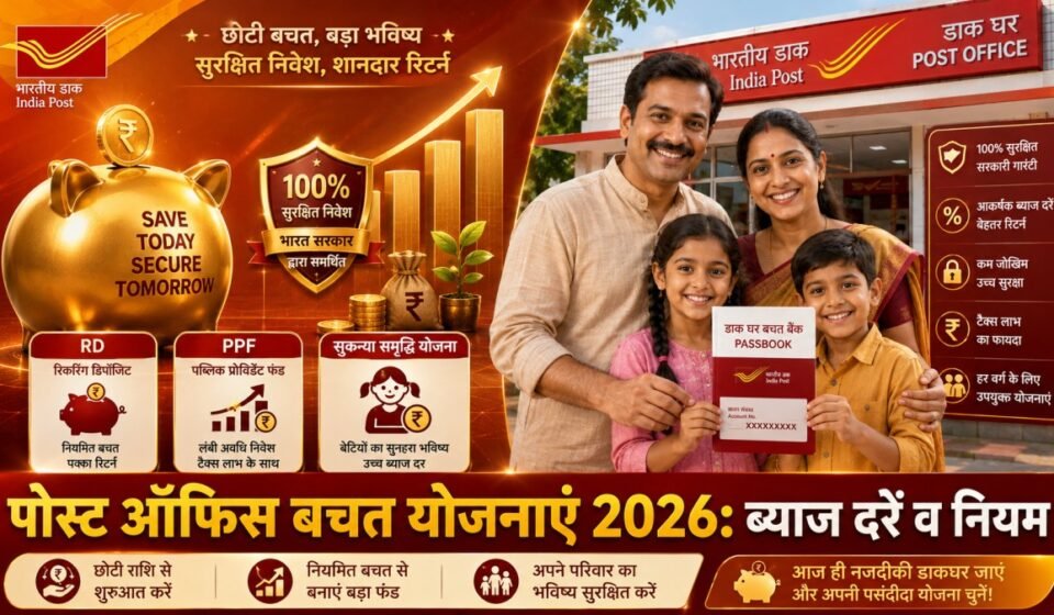 # **SEO Title:** 💰 Post Office Schemes 2026: RD, PPF या Sukanya Samriddhi? जानें ब्याज दरें, नियम और खाता खोलने का तरीका **Permalink / Slug:** `post-office-schemes-2026-rd-ppf-sukanya-interest-rate-rules` **Meta Description:** *Post Office Schemes 2026: डाकघर की पॉपुलर बचत योजनाएं RD, PPF और Sukanya Samriddhi Yojana (SSY) में कितना ब्याज मिल रहा है? जानिए नियम, दस्तावेज और सही योजना चुनने का तरीका।* --- **Post Office Schemes 2026:** यदि आप अपने या अपने परिवार के सुरक्षित भविष्य के लिए बिना जोखिम (Risk-Free) के निवेश करना चाहते हैं, तो भारतीय डाकघर (Post Office) की लघु बचत योजनाएं सबसे भरोसेमंद विकल्प हैं। इनमें **Recurring Deposit (RD)**, **Public Provident Fund (PPF)** और **Sukanya Samriddhi Yojana (SSY)** सबसे ज्यादा पसंद की जाने वाली स्कीम्स हैं। इन तीनों योजनाओं में जमा राशि पर भारत सरकार की पूर्ण गारंटी मिलती है। हालांकि, तीनों के नियम, परिपक्वता अवधि (Maturity Period) और ब्याज दरें अलग-अलग हैं। --- ## **📋 Post Office Schemes Comparative Analysis** नीचे दी गई तालिका में तीनों प्रमुख योजनाओं की तुलना की गई है: | विवरण (Parameter) | पोस्ट ऑफिस RD (Recurring Deposit) | PPF (Public Provident Fund) | सुकन्या समृद्धि योजना (SSY) | | --- | --- | --- | --- | | **लक्ष्य (Goal)** | छोटी-छोटी मासिक बचत | दीर्घकालिक संपत्ति निर्माण | बेटी की शिक्षा व शादी | | **वर्तमान ब्याज दर (Interest Rate)** | 6.7% प्रति वर्ष | 7.1% प्रति वर्ष | 8.2% प्रति वर्ष | | **अवधि (Tenure)** | 5 वर्ष | 15 वर्ष | 21 वर्ष (15 साल तक जमा) | | **पात्रता (Eligibility)** | कोई भी भारतीय नागरिक | कोई भी भारतीय नागरिक | 10 वर्ष से कम उम्र की बालिका | | **कर छूट (Tax Benefit)** | धारा 80C के तहत छूट नहीं | धारा 80C के तहत छूट (EEE Status) | धारा 80C के तहत छूट (EEE Status) | --- ## **📌 योजनाओं का विस्तृत विवरण** ### **1. Post Office RD (आवर्ती जमा खाता)** * **किसके लिए उपयोगी:** उन लोगों के लिए जो हर महीने निश्चित बचत करना चाहते हैं। * **मुख्य नियम:** न्यूनतम ₹100 प्रतिमाह से शुरुआत की जा सकती है। 5 साल की मैच्योरिटी के बाद इसे अगले 5 साल के लिए बढ़ाया भी जा सकता है। ### **2. Public Provident Fund (PPF)** * **किसके लिए उपयोगी:** लंबी अवधि के लिए रिटायरमेंट या बड़ा फंड बनाने के लिए। * **मुख्य नियम:** एक वित्तीय वर्ष में न्यूनतम ₹500 और अधिकतम ₹1,500,000 तक जमा किए जा सकते हैं। 15 साल बाद खाते को 5-5 साल के ब्लॉक में आगे बढ़ाया जा सकता है। ### **3. Sukanya Samriddhi Yojana (SSY)** * **किसके लिए उपयोगी:** बालिकाओं के उज्ज्वल भविष्य और उच्च शिक्षा के लिए। * **मुख्य नियम:** माता-पिता अपनी 10 वर्ष से कम आयु की बेटी के नाम पर यह खाता खोल सकते हैं। एक बच्ची के नाम पर केवल एक ही खाता खोला जा सकता है (एक परिवार में अधिकतम 2 बेटियों के लिए)। --- ## **📂 खाता खोलने के लिए आवश्यक दस्तावेज (Required Documents)** पोस्ट ऑफिस में इनमें से कोई भी खाता खोलने के लिए निम्नलिखित पहचान व पते के प्रमाण की आवश्यकता होती है: * **आवेदक का पहचान पत्र:** आधार कार्ड, पैन कार्ड या मतदाता पहचान पत्र * **पते का प्रमाण:** आधार कार्ड, बिजली बिल या राशन कार्ड * **पासपोर्ट साइज फोटो:** 2 हालिया तस्वीरें * **सुकन्या खाते के लिए विशेष:** बालिका का जन्म प्रमाण पत्र (Birth Certificate) और अभिभावक का आधार/पैन कार्ड --- ## **💻 पोस्ट ऑफिस में खाता कैसे खोलें? (Step-by-Step)** 1. **नजदीकी डाकघर जाएं:** अपने पास के पोस्ट ऑफिस (Post Office Branch) में जाएं और संबंधित योजना का आवेदन पत्र प्राप्त करें। 2. **फॉर्म भरें:** आवेदन पत्र में सभी व्यक्तिगत और नामांकन (Nomination) संबंधी विवरण सही-सही भरें। 3. **दस्तावेज़ संलग्न करें:** आवश्यक केवाईसी (KYC) दस्तावेजों की स्व-प्रमाणित (Self-Attested) प्रतियां संलग्न करें। 4. **प्रारंभिक जमा राशि का भुगतान करें:** पहली किस्त की राशि (नकद या चेक द्वारा) जमा करके खाता खोलें। खाता खुलने के बाद आपको पासबुक जारी कर दी जाएगी। > **👉 यह भी पढ़ें:** [EPFO UAN Activate 2026: UAN एक्टिवेट कैसे करें और बिना इंटरनेट SMS या मिस्ड कॉल से PF Balance चेक करें](https://www.google.com/search?q=https://rpkhabar.com/epfo-uan-activate-and-check-pf-balance-without-internet) --- ## **❓ आपके वित्तीय लक्ष्य के लिए कौन-सी योजना सही है?** यदि आप अपनी प्राथमिकताओं को लेकर स्पष्ट नहीं हैं, तो इन 3 सवालों पर विचार करें: 1. **मासिक बचत:** यदि आप हर महीने ₹1,000 से ₹5,000 की छोटी बचत 5 साल के लिए करना चाहते हैं, तो **RD** चुनें। 2. **टैक्स बचत और रिटायरमेंट:** यदि आप 15 साल के लिए बिना जोखिम के टैक्स-फ्री रिटर्न चाहते हैं, तो **PPF** सबसे बेहतर है। 3. **बेटी का भविष्य:** यदि आपकी बेटी की उम्र 10 साल से कम है, तो सबसे अधिक 8.2% ब्याज दर का लाभ उठाने के लिए **Sukanya Samriddhi Yojana** चुनें। क्या आप इनमें से किसी विशिष्ट योजना में मासिक या एकमुश्त जमा राशि पर मिलने वाले कुल रिटर्न (Maturity Amount) की गणना करवाना चाहते हैं? अपने अनुमानित बजट के बारे में बताएं! --- ### **💡 SEO & WordPress Checklist:** * **Focus Keyword:** `Post Office Schemes 2026` * **Primary Category:** `Sarkari Yojana` / `Services` * **Secondary Category:** `Finance` / `Latest News` * **Tags:** `Post Office RD Interest Rate`, `PPF Rules 2026`, `Sukanya Samriddhi Yojana`, `Post Office Savings Schemes`, `Post Office Account Opening` * **Featured Image File Name:** `post-office-schemes-2026-rd-ppf-sukanya-1200x675.jpg` * **Alt Text:** `Post Office Schemes 2026 RD PPF Sukanya Samriddhi Interest Rate Comparison 1200x675` * **Internal Link:** लेख के अंदर जहाँ "Services" लिखा है, वहाँ अपनी वेबसाइट के **[Services Section](https://rpkhabar.com)** का लिंक दर्ज करें। --- ### **🎨 AI Image Prompt (1200 × 675 Pixels / 16:9 Aspect Ratio):** > **`A high-resolution 16:9 landscape aspect ratio (1200x675 pixels) cinematic editorial news banner for Post Office Savings Schemes 2026. On the left side, 3D golden piggy bank and savings growth charts with icons representing RD, PPF, and Sukanya Samriddhi Yojana. On the right side, a happy Indian family holding a Post Office passbook in front of a modern India Post office branch. Warm orange, deep red, and gold gradient background layout, studio lighting, vector-editorial hybrid style, bold Hindi text saying "पोस्ट ऑफिस बचत योजनाएं 2026: ब्याज दरें व नियम" at the bottom, high resolution, --ar 16:9.`** --- ### **📁 Image Filename & Alt Text:** * **Filename:** `post-office-schemes-2026-rd-ppf-sukanya-1200x675.jpg` * **Alt Text:** `Post Office Schemes 2026 RD PPF Sukanya Samriddhi Interest Rate Comparison 1200x675`